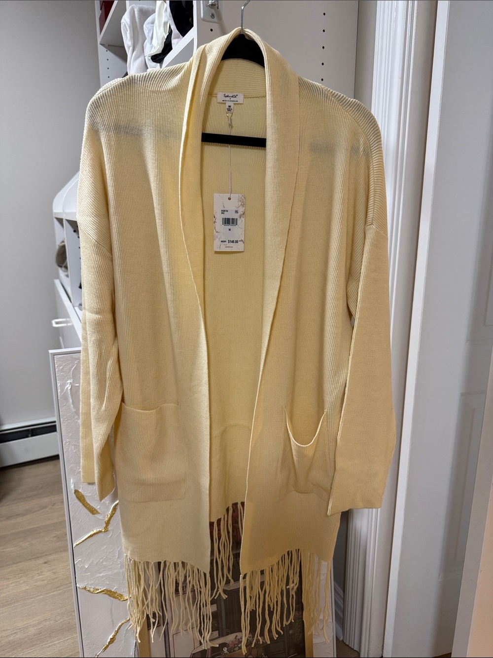 Splendid x @cellajaneblog Pale Yellow Open-Front Fringe Cardigan with Tie Belt
